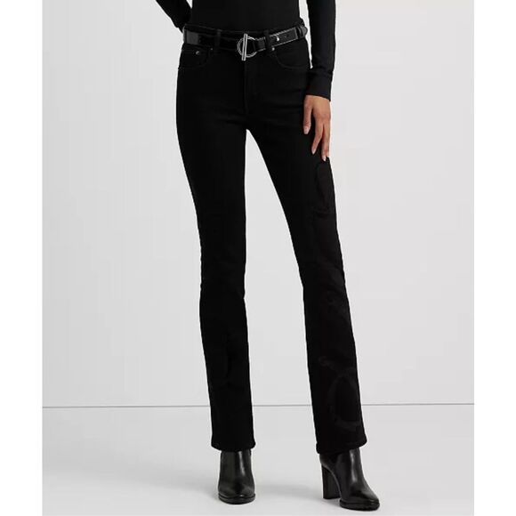 Lauren Ralph Lauren NWT High Rise Belting Flocked Print Bootcut Jeans Size 12 Bl - Picture 1 of 4
